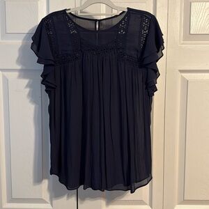 LOFT Navy Blue Blouse with Lace and Ruffle Sleeves